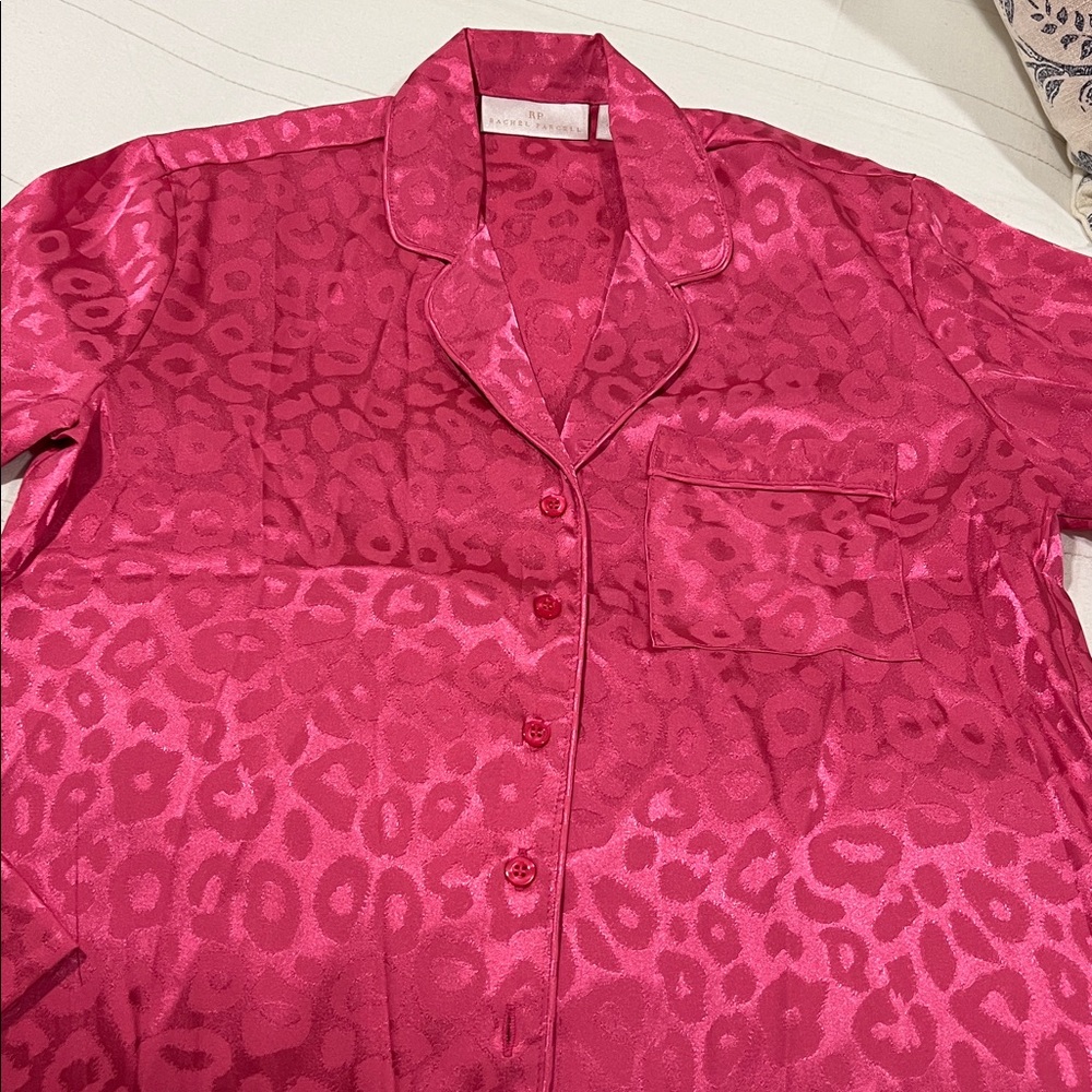 NWT Rachel Parcell Satin Jacquard Cheetah Long Sleeve Pajama Set Hot Pink XS - Picture 9 of 15